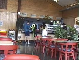 Getting refreshments in the excellent cafe on the first floor of a supermarket building in Lom